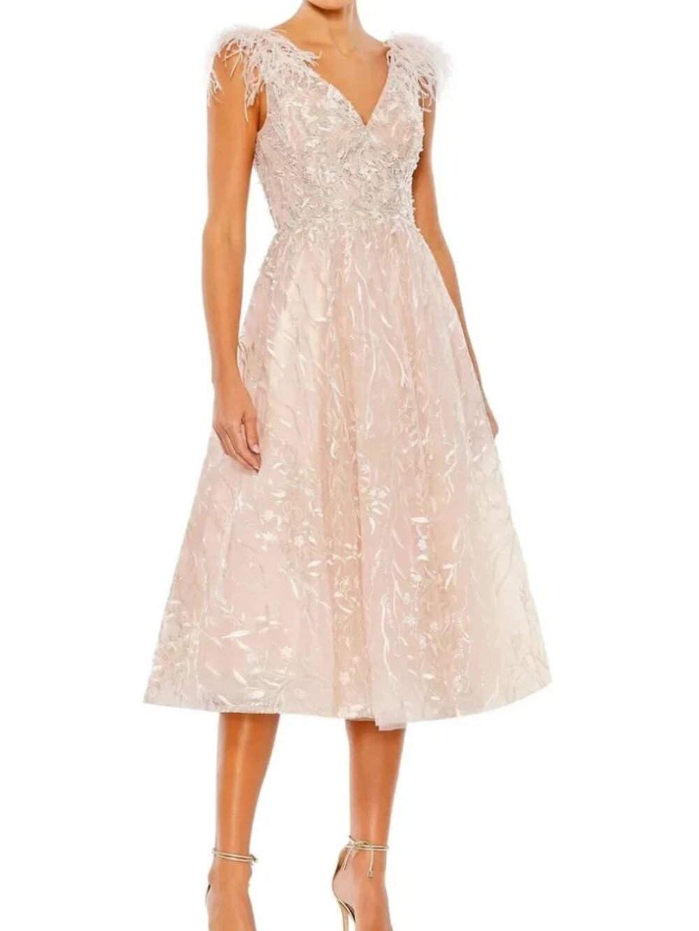 Mac Duggal Pink Embroidered Sleeveless Feather Detail Midi Dress